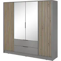 Furniture24 Kleiderschrank Nelly 4D Schrank mit Spiegel 2 Türiger 2 Schubladen Grau Drehtürenschrank