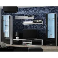 Furniture24 Wohnwand SOHO 4 mit Blauer LED Beleuchtung, Anbauwand, Wohnzimmerschrank, Schrankwand, Vitrine, Lowboard, Hängeregal Weiß/Schwarz Hochglanz