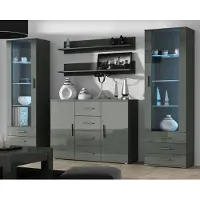 Furniture24 Wohnwand SOHO 3 mit Blauer LED Beleuchtung, Anbauwand, Wohnzimmerschrank, Schrankwand, Vitrine, Sideboard, Hängeregal Grau/Grau Hochglanz
