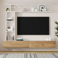 Sweiko 180x35x22.5cm TV Wohnwand-set mit Vitrinen,Mediawand inkl.TV-Board, Standregal und Wandregal,TV Wohnzimmermöbel-Set,TV-Schrank, stehend&hängend,TV bis 80',Weiß + Holzfarbe