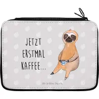 Mr. & Mrs. Panda Etui Faultier Kaffee - Grau Pastell - Geschenk, für Stifte, Bleistiftetui, Morgenmuffel, Federmäppchen, Federtasche, Kaffeetasse, Coffee, Mäppchen