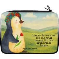 Mr. & Mrs. Panda Etui Pinguin Blumen Design - Weiß - Geschenk, Wünsche, Bleistiftetui, für Stifte, Motivation, Positiv, Universum, Schlampermäppchen, Federmäppchen, Ziele