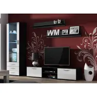 Furniture24 Wohnwand SOHO 1 mit Blauer LED Beleuchtung, Anbauwand, Wohnzimmerschrank, Schrankwand, Vitrine, Lowboard, Hängeregal Schwarz/Weiß Hochglanz