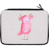 Mr. & Mrs. Panda Federmäppchen Axolotl Glücklich - Grau Pastell - Geschenk, Bleistiftetui, Lurch, Gute Laune, Mäppchen, gut Gelaunt, Stifteetui, Etui, Schulmäppchen