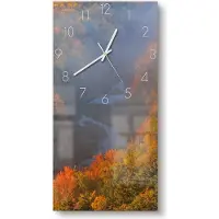 DEQORI Glasuhr 30x60 cm Zahlen 'Herbstnebel im Tal' Wanduhr Glas Uhr Design leise Küchenuhr
