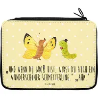 Mr. & Mrs. Panda Federtasche Raupe Schmetterling - Gelb Pastell - Geschenk, Hut, Federmäppchen, Hütchen, Lustige Sprüche, Etui für Stifte, Zitronenfalter, Schulmäppchen