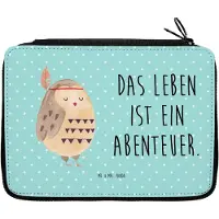 Mr. & Mrs. Panda Federmäppchen Eule Federschmuck - Türkis Pastell - Geschenk, Bleistiftetui, Abenteuer, mutig, Dekoration, Schlampermäppchen, Mäppchen, Owl, Federmappe