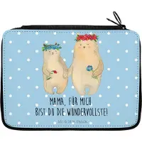 Mr. & Mrs. Panda Bleistiftetui Bären mit Blumenkranz - Blau Pastell - Geschenk, Family, Mama, Schreibmappe, Muttertag, Federtasche, Federmappe, Mäppchen, Kinder, Mutter