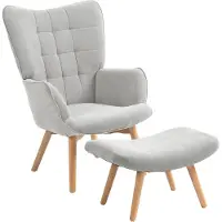 Welikera Akzentsessel mit Hocker, Relaxsessel in Cord-Optik, Armlehnstuhl mit Holzbeinen, für Wohnzimmer, Grau
