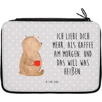 Mr. & Mrs. Panda Mäppchen Bär Morgenkaffee - Grau Pastell - Geschenk, Federtasche, für Frauen, Schlampermäppchen, Hochzeitstag, Mitbringsel, Etui, Freundin, Stifteetui