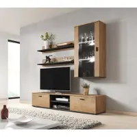 Furniture24 Wohnwand SOHO 5 mit Weißer LED Beleuchtung, Anbauwand, Wohnzimmerschrank, Schrankwand, Vitrine, Lowboard, Hängeregal Lefkas Eiche/Schwarz