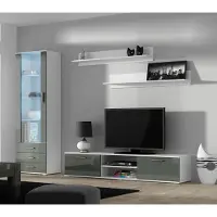 Furniture24 Wohnwand SOHO 1 mit Blauer LED Beleuchtung, Anbauwand, Wohnzimmerschrank, Schrankwand, Vitrine, Lowboard, Hängeregal Weiß/Grau Hochglanz