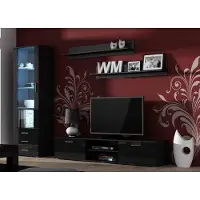 Furniture24 Wohnwand SOHO 1 mit Blauer LED Beleuchtung, Anbauwand, Wohnzimmerschrank, Schrankwand, Vitrine, Lowboard, Hängeregal Schwarz/Schwarz Hochglanz