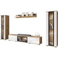 Mirjan 24 Wohnwand Caro, TV-Möbel, Große Anbauwand, Schrankwand, Wohnzimmer-Set (Farbe: Wotan / Weiß Hochglanz, mit weißer LED Beleuchtung)