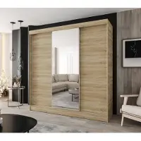Caspian24 Schwebetürenschrank 3-türig 190 × 205 cm – Sonoma-Eiche – Moderner Kleiderschrank mit Spiegel auf der mittleren Tür und 2 Schubladen für Schlafzimmer