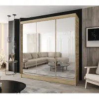 Caspian24 Schwebetürenschrank 3-türig Sonoma Eiche mit 3 Spiegeln und 2 Schubladen 240x205 cm – Moderner Kleiderschrank für Schlafzimmer und Flur