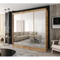 Caspian24 Moderner 3-türiger Schwebetürenschrank 230 × 205 cm – Wotan Eiche mit 3 Spiegeln und 2 Schubladen für Schlafzimmer & Flur
