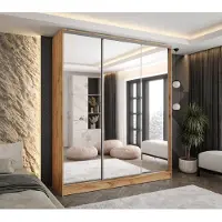 Caspian24 Moderner 3-türiger Schwebetürenschrank Eiche Wotan 190x58x250 cm – mit 3 Spiegeln – mit 4 Schubladen – Kleiderschrank für Flur, Schlafzimmer
