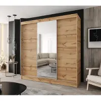 Caspian24 Moderner 3-türiger Schwebetürenschrank 180 × 205 cm in Wotan Eiche mit Spiegel – Ideal für Schlafzimmer und Flur