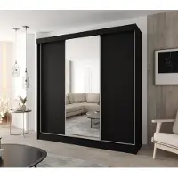 Caspian24 Moderner 3-türiger Schwebetürenschrank 230 × 205 cm – Schwarz mit Spiegel