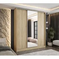 Caspian24 Moderner 3-türiger Schwebetürenschrank Eiche Sonoma 150x58x250 cm – mit Spiegel – Kleiderschrank für Flur, Schlafzimmer oder Ankleidezimmer