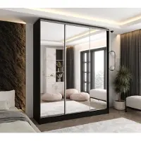 Caspian24 Moderner 3-türiger Schwebetürenschrank Schwarz 200x58x250 cm – mit 3 Spiegeln und 4 Schubladen – Kleiderschrank für Flur, Schlafzimmer