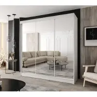 Caspian24 Moderner 3-türiger Schwebetürenschrank 220 × 205 cm – Weiß mit 3 Spiegeln und 4 Schubladen für Schlafzimmer & Flur