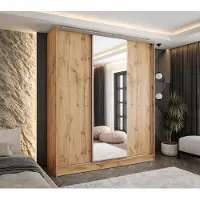 Caspian24 Moderner 3-türiger Schwebetürenschrank Eiche Wotan 200x58x250 cm – mit Spiegel – mit 4 Schubladen – Kleiderschrank für Flur, Schlafzimmer