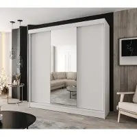 Caspian24 Schwebetürenschrank 3-türig 210 × 205 cm Weiß – Moderner Kleiderschrank mit Spiegel auf der mittleren Tür und 2 Schubladen. Für Schlafzimmer und Flur