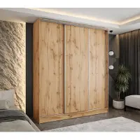Caspian24 Moderner 3-türiger Schwebetürenschrank Eiche Wotan 150x58x250 cm – mit 2 Schubladen – Kleiderschrank für Flur, Schlafzimmer oder Ankleidezimmer