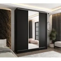 Caspian24 Moderner 3-türiger Schwebetürenschrank Schwarz 180x58x250 cm – mit Spiegel – mit 4 Schubladen – Kleiderschrank für Flur, Schlafzimmer