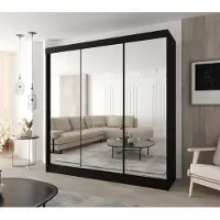 Caspian24 Moderner 3-türiger Schwebetürenschrank 170 × 205 cm – Schwarz mit 3 Spiegeln und 2 Schubladen für Schlafzimmer & Flur