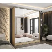 Caspian24 Moderner 3-türiger Schwebetürenschrank Eiche Sonoma 160x58x250 cm – mit 3 Spiegeln – Kleiderschrank für Flur, Schlafzimmer
