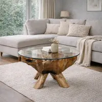 LEBENSwohnART Individueller Teak Couchtisch ZONAS natural 110cm mit Glasplatte