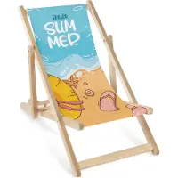 AllBags Kinder Liegestuhl klappbar aus Holz mit Schriftzug „Hello Summer“ – Kinder Klappstuhl Klappliege Sonnenstuhl Strandstuhl Gartenliege