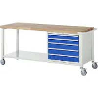 RAU Mobile Werkbank mit Ablageboden - 5 XL Schubladen - Vollauszug - 90:2 / 120:3 - 880 x 2.000 x 700 mm (HxBxT) - Traglast 450 kg - Buche