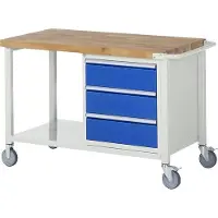 RAU Mobile Werkbank mit Ablageboden - 3 Schubladen - Teilauszug - 180:3 - höhenverstellbar 880-1.080 mm - 1.250 x 700 mm (BxT) - Traglast 450 kg