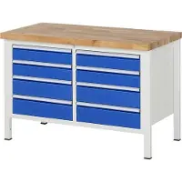 RAU Werkbank mit 8 Schubladen - Vollauszug - 120:4 / 150:4 - höhenverstellbar 840-1.040 mm - 1.250 x 700 mm (BxT) - Traglast 1.250 kg - Buche