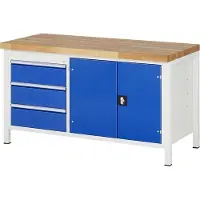 RAU Werkbank mit Werkzeugfach - 3 Schubladen - Vollauszug - 180:3 - höhenverstellbar 840-1.040 mm - 1.500 x 700 mm (BxT) - Traglast 1.250 kg - Buche