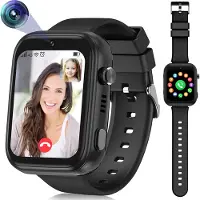 Ele eleoption （Schwarz）Kinder-Smartwatch 4G mit GPS und Telefon, Smartwatch Kinder mit WLAN-Videoanruf-Kamera SOS, IP67 Wasserdichte Kinder-Smartwatch mit GPS-Echtzeitortung, Musik-Video-Player, Alarm