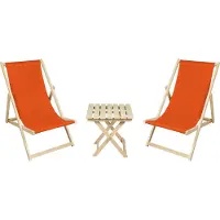 Meblośtyl 2 x Liegestuhl + Beistelltisch Strandliege Holz Sonnenliege Gartenliege Gartentisch Orange