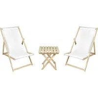 Meblośtyl 2 x Liegestuhl + Beistelltisch Strandliege Holz Sonnenliege Gartenliege Gartentisch Weiß