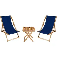 Meblośtyl 2 x Liegestuhl + Beistelltisch Strandliege Holz Sonnenliege Gartenliege Gartentisch Geölt Dunkelblau