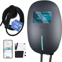 Puluomis Wallbox Ladestation 11kW Ladekabel 7m Typ 2 mit Halter,EV Ladegerät 3-phasig 6-16A einstellbar, IP65 mit Wlan & Bluetooth 24h Timer Grau