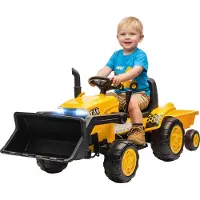 AIYAPLAY Kinder Elektro Bagger 12V mit Anhänger Schaufel Musik LED-Lichter USB