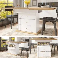 OKWISH klappbarer Küchentisch mit Minimalistisches Schranktür,für 4-6 Personen,Ausziehbarer Esstisch mit Weinregal und Schubladen,Küchenschrank für Küche und Wohnzimmer,Weiß