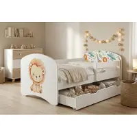 Happy Babies Kinderbett mit Rausfallschutz Junge 140x70 Bett für Kinderzimmer mit Schublade Matratze Einzelbett für Kinder, Weiss, Bunte Aufkleber