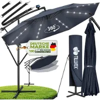 Tillvex Alu Ampelschirm Blau LED Solar Ø 300 cm mit Kurbel | Sonnenschirm mit An-/Ausschalter | Gartenschirm UV-Schutz Aluminium | Kurbelschirm mit Ständer Marktschirm wasserdicht