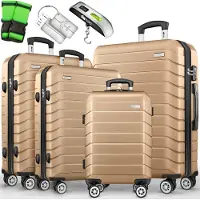 Tillvex Reisekoffer Set 4-TLG. + Gepäckwaage, 8X Koffergurte & 4X Kofferanhänger | Kofferset 4 Rollen | Trolley Gepäck Koffer TSA Schloss | Rollkoffer Hartschalenkofferset S-M-L-XL (Champagner)