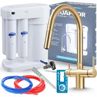 ARI Wasserfilter Set Morion mit 3-Wege Küchenarmatur Slender, Umkehrosmose, ausziehbare Brause, 360° schwenkbar, Gold